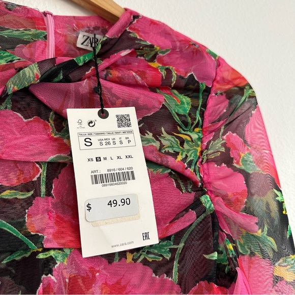 Zara Pink Floral Ruched Mesh Top - Picture 2 of 3